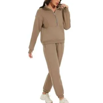 PEHMEA Women's 2 Piece Sweatsuit Outfit, Fleece Long Sleeve Half Zip Pullover Winter Comfy Lounge Sets for Women(Khaki-S)