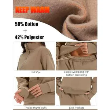 PEHMEA Women's 2 Piece Sweatsuit Outfit, Fleece Long Sleeve Half Zip Pullover Winter Comfy Lounge Sets for Women(Khaki-S)