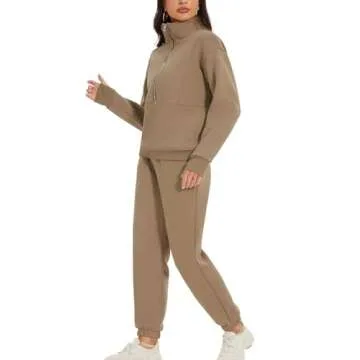 PEHMEA Women's 2 Piece Sweatsuit Outfit, Fleece Long Sleeve Half Zip Pullover Winter Comfy Lounge Sets for Women(Khaki-S)