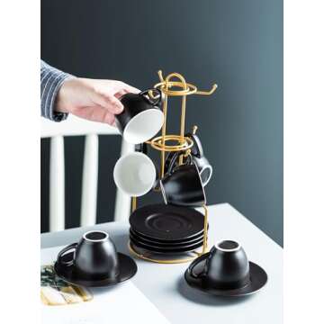 YHOSSEUN 3 Ounces Espresso Cups with Saucers Set, Porcelain Latte Cups and Metal Stand Demitasse Cups for Espresso, Latte, Cafe Mocha, Cappuccino and Tea, Set of 6, Black