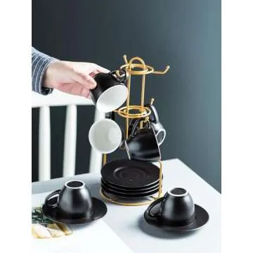 YHOSSEUN 3 Ounces Espresso Cups with Saucers Set, Porcelain Latte Cups and Metal Stand Demitasse Cups for Espresso, Latte, Cafe Mocha, Cappuccino and Tea, Set of 6, Black