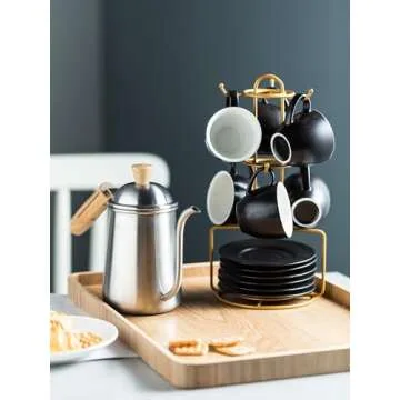 YHOSSEUN 3 Ounces Espresso Cups with Saucers Set, Porcelain Latte Cups and Metal Stand Demitasse Cups for Espresso, Latte, Cafe Mocha, Cappuccino and Tea, Set of 6, Black