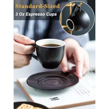 YHOSSEUN 3 Ounces Espresso Cups with Saucers Set, Porcelain Latte Cups and Metal Stand Demitasse Cups for Espresso, Latte, Cafe Mocha, Cappuccino and Tea, Set of 6, Black