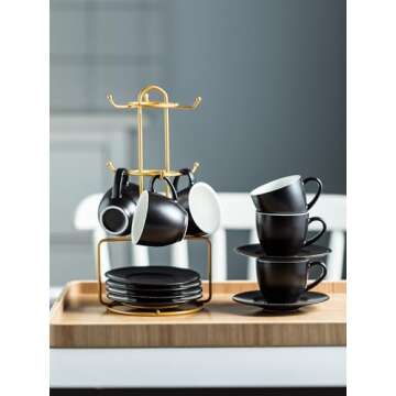 YHOSSEUN 3 Ounces Espresso Cups with Saucers Set, Porcelain Latte Cups and Metal Stand Demitasse Cups for Espresso, Latte, Cafe Mocha, Cappuccino and Tea, Set of 6, Black