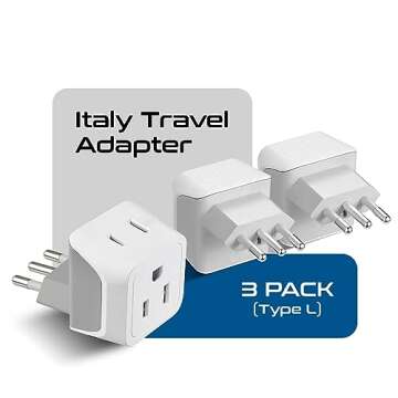 Ceptics Italy travel plug adapter, Chile plug adapter with Dual USA Input, Compact Type L plug adapt...