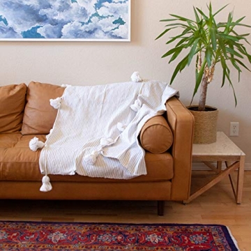 Hand Woven Moroccan Throw Blanket - Cream & Grey Stripes