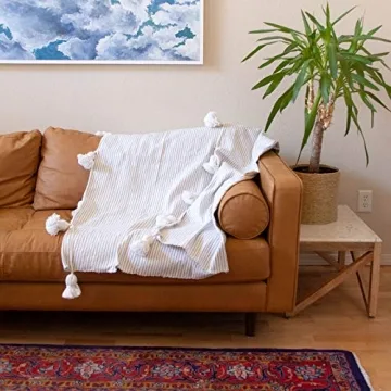 Hand Woven Moroccan Throw Blanket - Cream & Grey Stripes