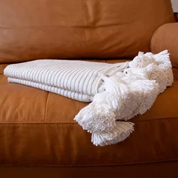 Hand Woven Moroccan Throw Blanket - Cream & Grey Stripes
