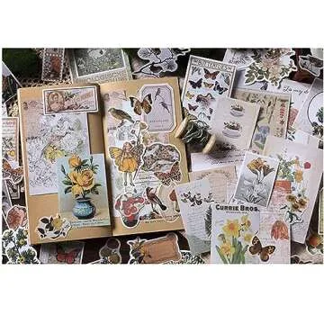 Alideco 200pcs Vintage Scrapbook Stickers Kawaii Fairy Scrapbooking Paper Washi Junk Journaling Supplies Collage Album Aesthetic Cottagecore Picture Frames(Plant Butterfly)