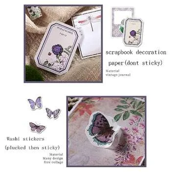 Alideco 200pcs Vintage Scrapbook Stickers Kawaii Fairy Scrapbooking Paper Washi Junk Journaling Supplies Collage Album Aesthetic Cottagecore Picture Frames(Plant Butterfly)