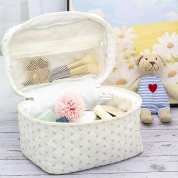 PAZIMIIK Cotton Makeup Bag for Women Large Quilted Travel Cosmetic Case Girls' Make Up Organizer,Lit...