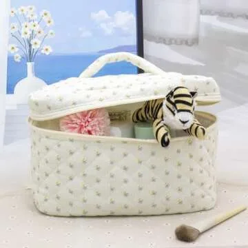 PAZIMIIK Cotton Makeup Bag for Women Large Quilted Travel Cosmetic Case Girls' Make Up Organizer,Little Flower White