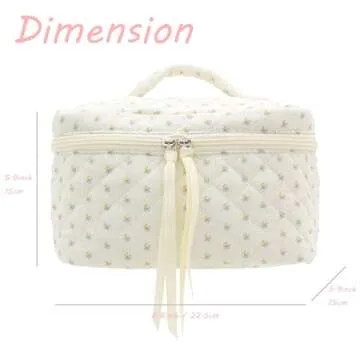 PAZIMIIK Cotton Makeup Bag for Women Large Quilted Travel Cosmetic Case Girls' Make Up Organizer,Little Flower White