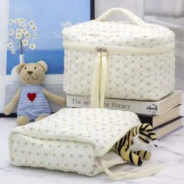 PAZIMIIK Cotton Makeup Bag for Women Large Quilted Travel Cosmetic Case Girls' Make Up Organizer,Little Flower White