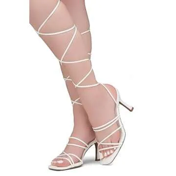 Shoe Land SL-Lumi Women's Lace Up Heels Square Open Toe Strappy Straps Ankle Wrap Stiletto High Heel Sandals, White, Size 8.0