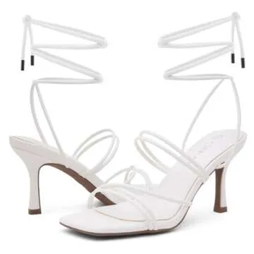 Shoe Land SL-Lumi Women's Lace Up Heels Square Open Toe Strappy Straps Ankle Wrap Stiletto High Heel Sandals, White, Size 8.0