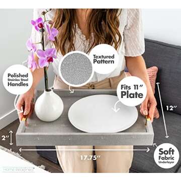 Home Redefined Modern Elegant 18"x12" Rectangle Glossy Grey Shagreen Faux Leather Tray Decorative Tray Ottoman Tray Coffee Table Perfume Kitchen Serving Tray with Gold Polished Metal Handles.