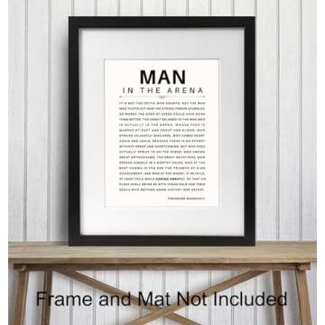 Man in the Arena Quote Poster - 8x10 Motivational Inspirational Teddy Roosevelt Daring Greatly Wall Art Decor - Unique Gift for Men, Boys, Teens, Entrepreneur - For Office, Living Room, Bedroom