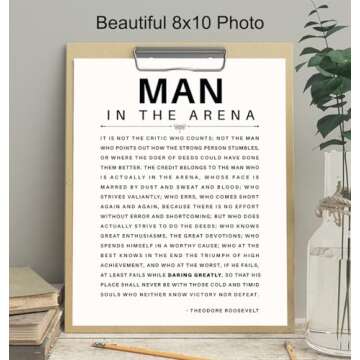Man in the Arena Quote Poster - 8x10 Motivational Inspirational Teddy Roosevelt Daring Greatly Wall Art Decor - Unique Gift for Men, Boys, Teens, Entrepreneur - For Office, Living Room, Bedroom