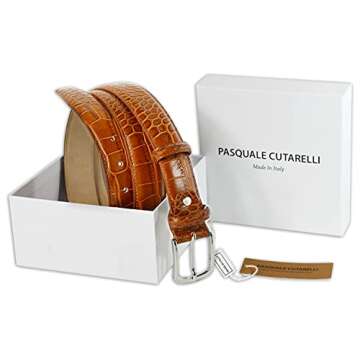 PASQUALE CUTARELLI Mens Crocodile Pattern Italian Leather Belt Chestnut Brown Small 32 Inches