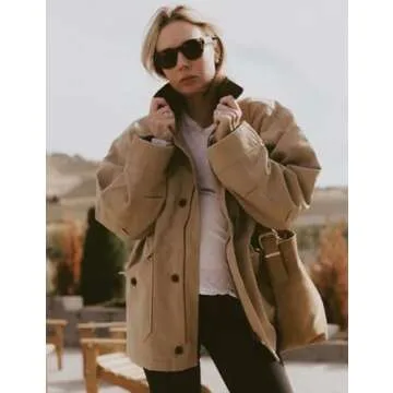 BQDCQB Womens Oversized Barn Jacket Button Down Canvas Jacket Corduroy Lapel Collar Fall Fashion 2024 Trendy Outwear(Khaki-L)
