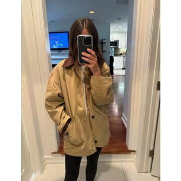 BQDCQB Womens Oversized Barn Jacket Button Down Canvas Jacket Corduroy Lapel Collar Fall Fashion 2024 Trendy Outwear(Khaki-L)