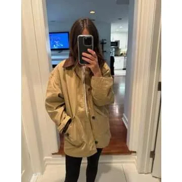 BQDCQB Womens Oversized Barn Jacket Button Down Canvas Jacket Corduroy Lapel Collar Fall Fashion 2024 Trendy Outwear(Khaki-L)