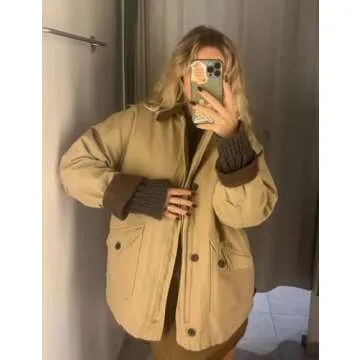 BQDCQB Womens Oversized Barn Jacket Button Down Canvas Jacket Corduroy Lapel Collar Fall Fashion 2024 Trendy Outwear(Khaki-L)