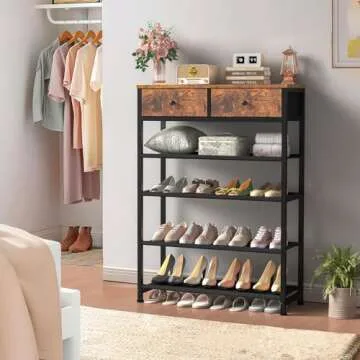 usikey Shoe Rack, 5 Tier Shoe Storage Organizer with 2 Drawers, Metal Shoe Shelf for 12-16 Pairs of Shoes, with 4 Fabric Shelves and Wooden Top, Shoe Stand for Closet Entryway, Rustic Brown