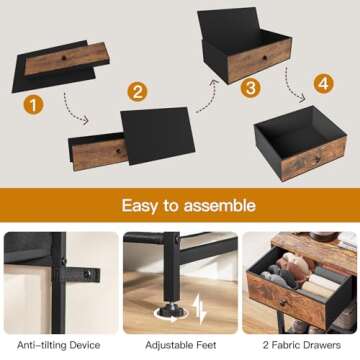 usikey Shoe Rack, 5 Tier Shoe Storage Organizer with 2 Drawers, Metal Shoe Shelf for 12-16 Pairs of Shoes, with 4 Fabric Shelves and Wooden Top, Shoe Stand for Closet Entryway, Rustic Brown