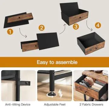 usikey Shoe Rack, 5 Tier Shoe Storage Organizer with 2 Drawers, Metal Shoe Shelf for 12-16 Pairs of Shoes, with 4 Fabric Shelves and Wooden Top, Shoe Stand for Closet Entryway, Rustic Brown