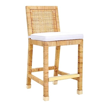 Tov Amara Rattan Stool with White Cushion and Gold Accents