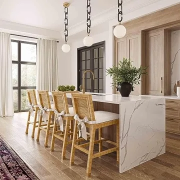 Tov Amara Rattan Stool with White Cushion and Gold Accents