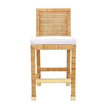 Tov Amara Rattan Stool with White Cushion and Gold Accents