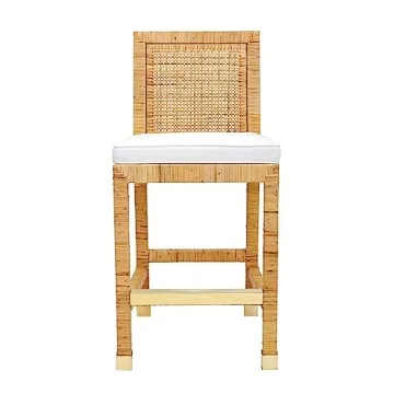 Tov Amara Rattan Stool with White Cushion and Gold Accents