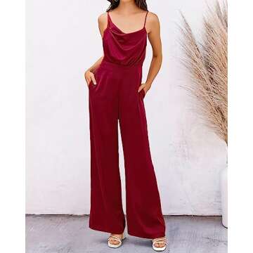 PRETTYGARDEN Women 2023 Sleeveless Spaghetti Strap Cowl Neck Backless Satin Jumpsuits Loose Wide Leg Romper With Pockets
