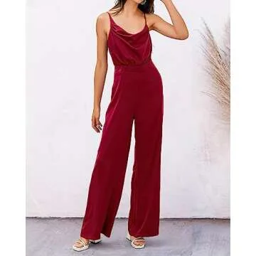 PRETTYGARDEN Women 2023 Sleeveless Spaghetti Strap Cowl Neck Backless Satin Jumpsuits Loose Wide Leg Romper With Pockets