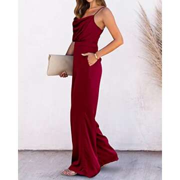 PRETTYGARDEN Women 2023 Sleeveless Spaghetti Strap Cowl Neck Backless Satin Jumpsuits Loose Wide Leg Romper With Pockets
