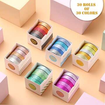 Eaasty 30 Rolls Glitter Washi Tape Colored 66 Yard Rainbow Metallic Tape Decorative Adhesive for Art...