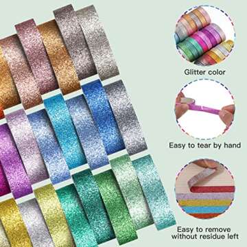 Eaasty 30 Rolls Glitter Washi Tape Colored 66 Yard Rainbow Metallic Tape Decorative Adhesive for Art Scrapbook DIY Craft Projects Gift Wrapping Decor