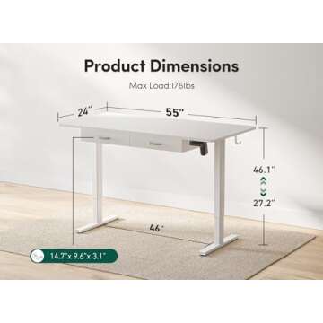 FEZIBO 55 x 24 Inches Standing Desk with Double Wooden Drawers, Adjustable Height Electric Standing Desk, Stand Up Home Office Desk with Splice Tabletop, White Frame/White Top