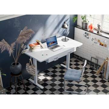 FEZIBO 55 x 24 Inches Standing Desk with Double Wooden Drawers, Adjustable Height Electric Standing Desk, Stand Up Home Office Desk with Splice Tabletop, White Frame/White Top