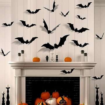 Bats Halloween Decorations 100 Pcs - Realistic PVC 3D Bats Wall Decor, 4 Sizes Black Bats Stickers W...