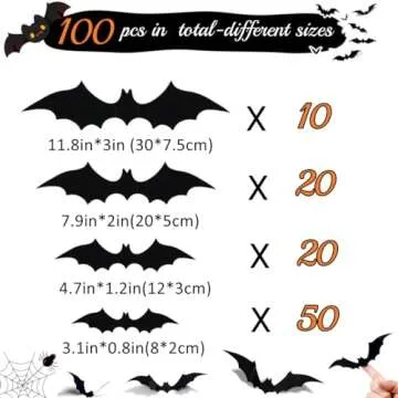 Bats Halloween Decorations 100 Pcs - Realistic PVC 3D Bats Wall Decor, 4 Sizes Black Bats Stickers Wall Decal for Creep Home Bathroom Decor Indoor Halloween Party Decorations Supplies