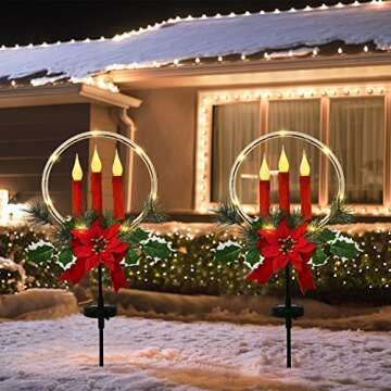 Doingart Outdoor Solar Light Christmas Decorations, Solar Garden Lights Stake with 3 LED Candle, Poinsettia and Pine Needles for Christmas Holiday Outdoor Decor
