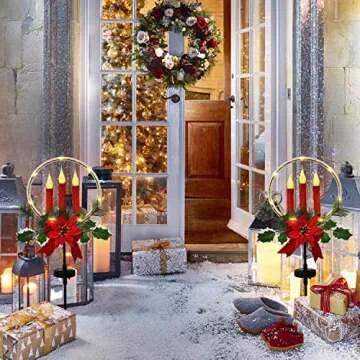 Doingart Outdoor Solar Light Christmas Decorations, Solar Garden Lights Stake with 3 LED Candle, Poinsettia and Pine Needles for Christmas Holiday Outdoor Decor