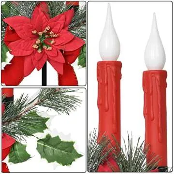 Doingart Outdoor Solar Light Christmas Decorations, Solar Garden Lights Stake with 3 LED Candle, Poinsettia and Pine Needles for Christmas Holiday Outdoor Decor