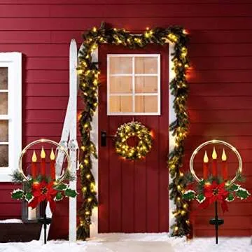 Doingart Outdoor Solar Light Christmas Decorations, Solar Garden Lights Stake with 3 LED Candle, Poinsettia and Pine Needles for Christmas Holiday Outdoor Decor