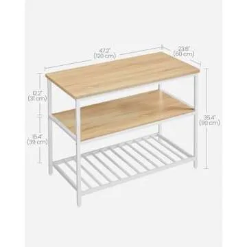VASAGLE Kitchen Island with 3 Shelves, 47.2 Inches Width Kitchen Shelf with Large Worktop, Stable Steel Structure, Industrial, Easy to Assemble, Oak Color and White UKKI001W09