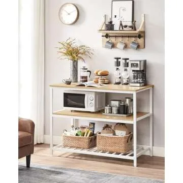 VASAGLE Kitchen Island with 3 Shelves, 47.2 Inches Width Kitchen Shelf with Large Worktop, Stable Steel Structure, Industrial, Easy to Assemble, Oak Color and White UKKI001W09